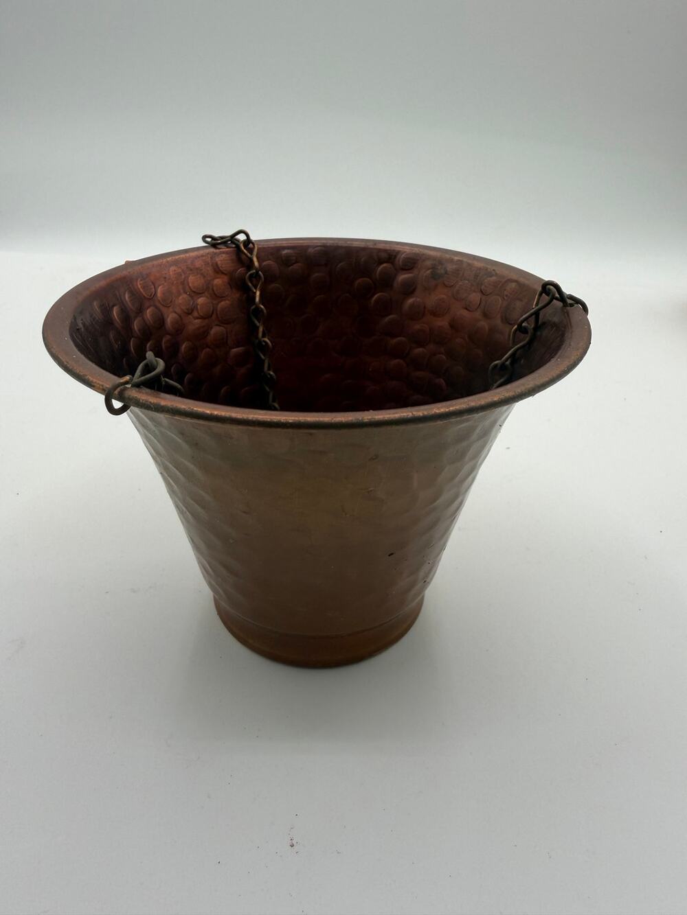 Vintage Small Hammered Solid Copper Hanging Planter Pot with Chain - (4" Tall)